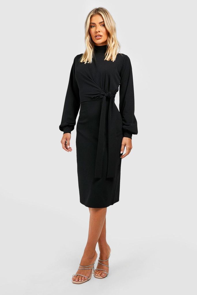 Womens Volume Sleeve Tie Waist Midi Dress - Black - 6, Black
