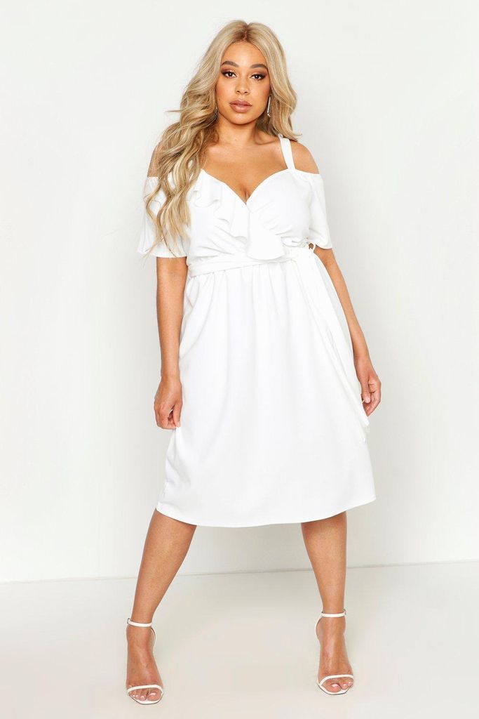 Womens Plus Plunge Ruffle Belt Midi Dress - White - 18, White