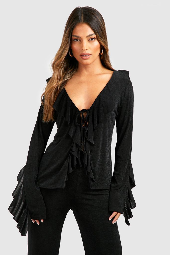 Womens Textured Slinky Tie Front Ruffle Blouse - Black - 8, Black