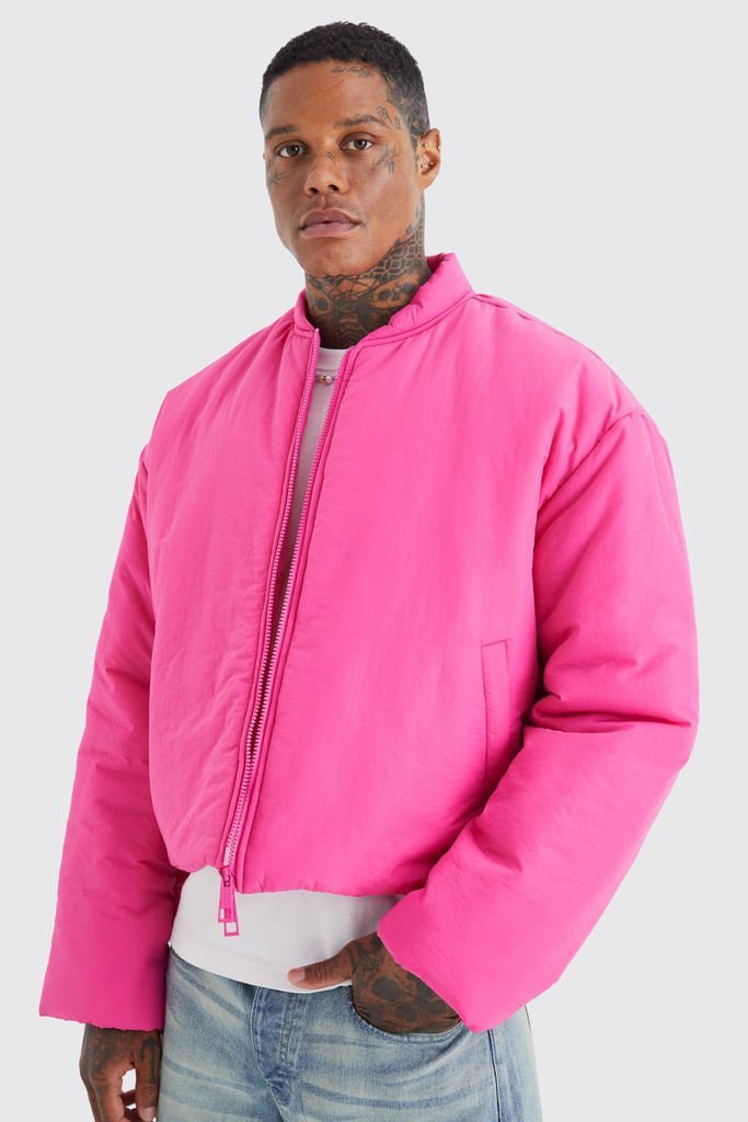 Men's Boxy Crinkle Nylon Puffer Bomber - Pink - S, Pink