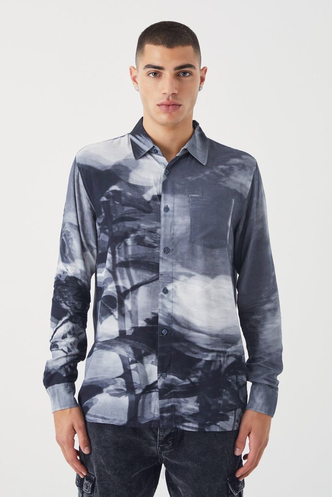 Men's Long Sleeve Viscose Abstract Floral Shirt - Grey - S, Grey