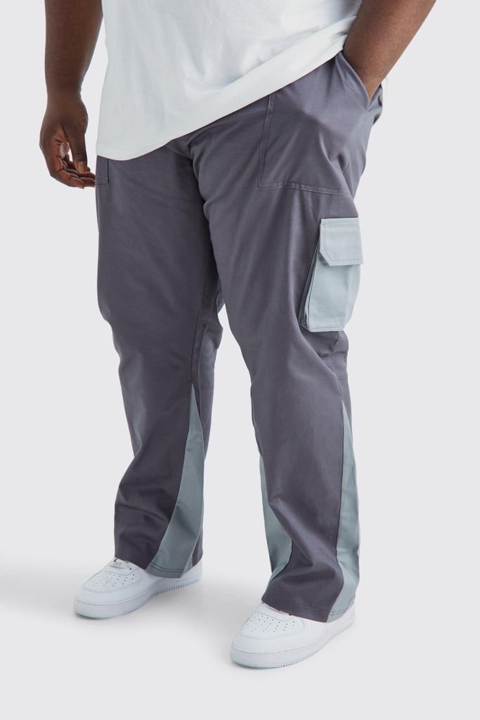 Men's Plus Slim Flare Gusset Colour Block Cargo Trouser - Grey - 38, Grey