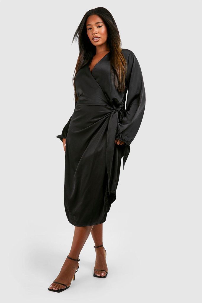 Womens Plus Satin Wrap Midi Dress - Black - 16, Black