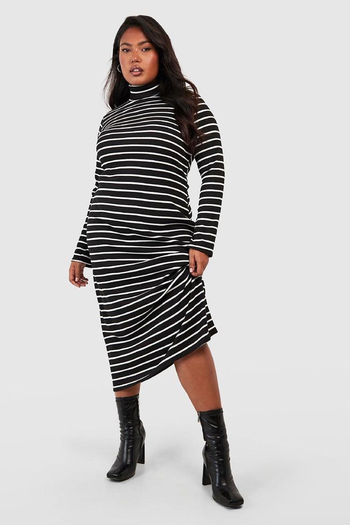 Womens Plus Stripe Roll Neck Midaxi Dress - Black - 16, Black