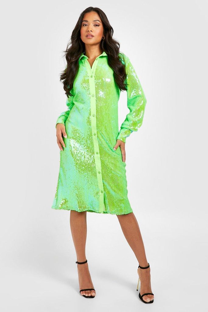 Womens Petite Bright Sequin Midi Shirt Dress - Green - 6, Green