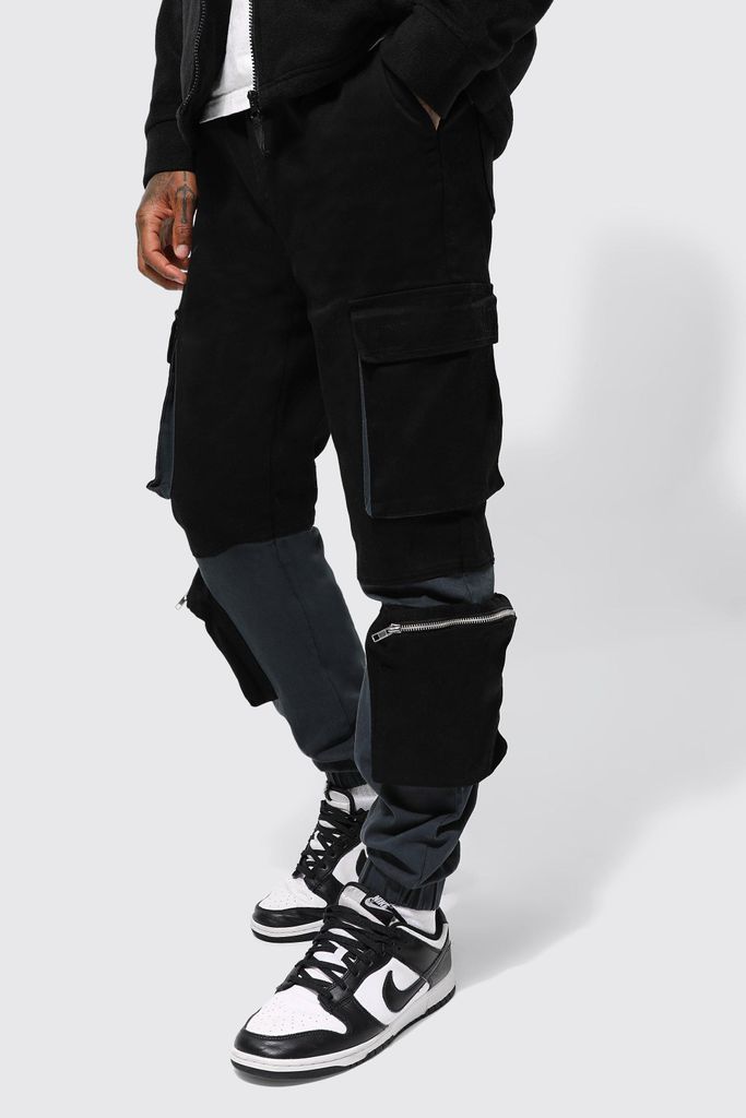 Men's Elastic Waist Slim Tonal Panel Cargo Trouser - Black - S, Black