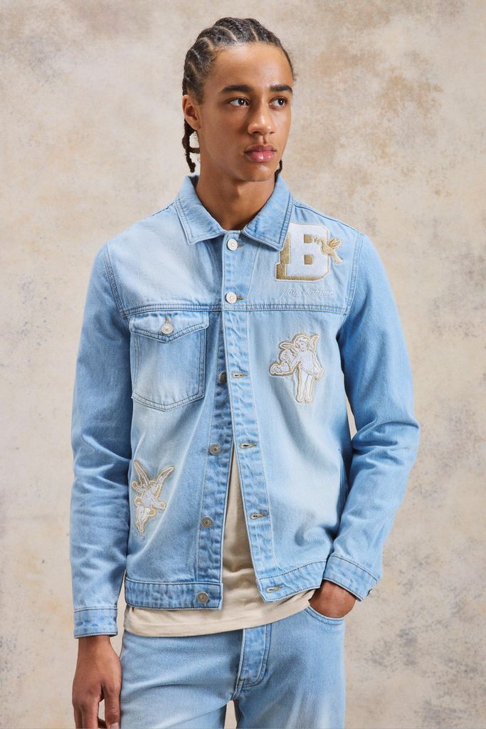 Men's Applique And Embroidered Denim Jacket - Blue - S, Blue