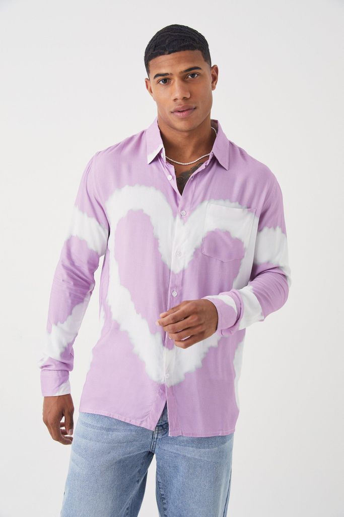 Men's Long Sleeve Viscose Large Heart Shirt - Purple - S, Purple