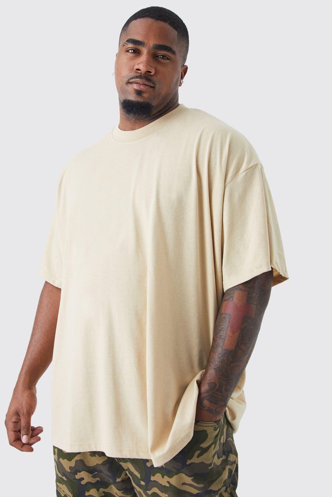 Men's Plus Loose Fit Extended Neck Basic T-Shirt - Beige - Xxxl, Beige