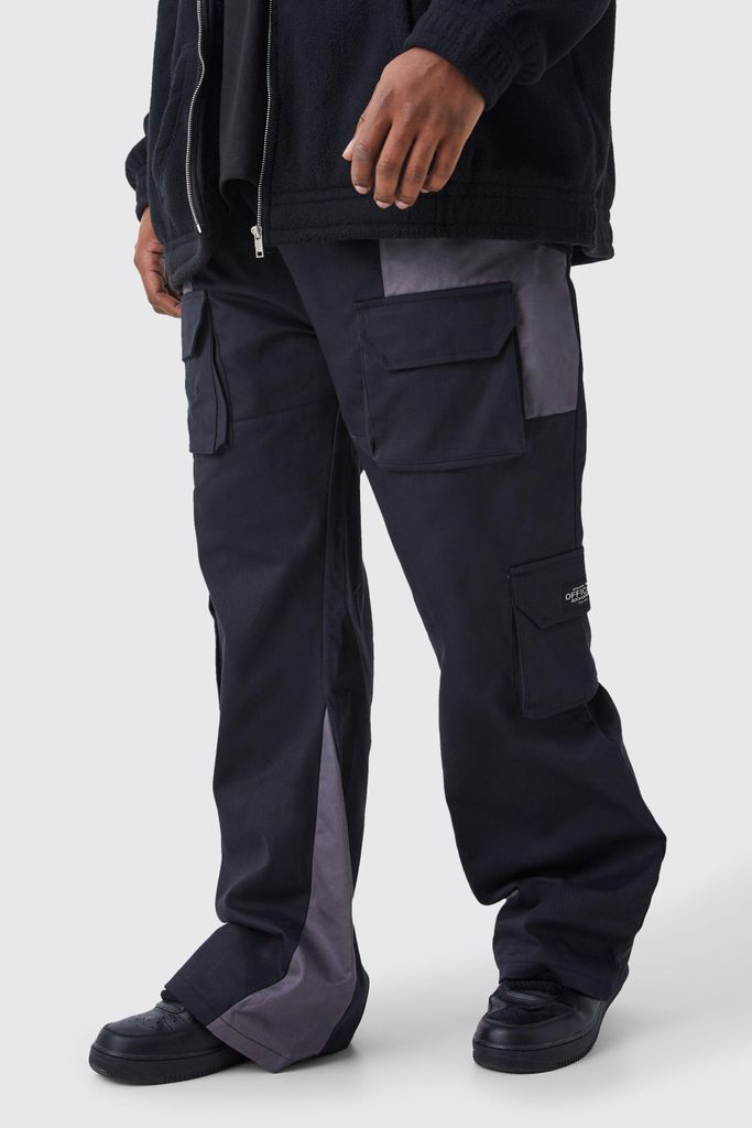 Men's Plus Slim Flare Multi Cargo Colour Block Trouser - Black - 38, Black