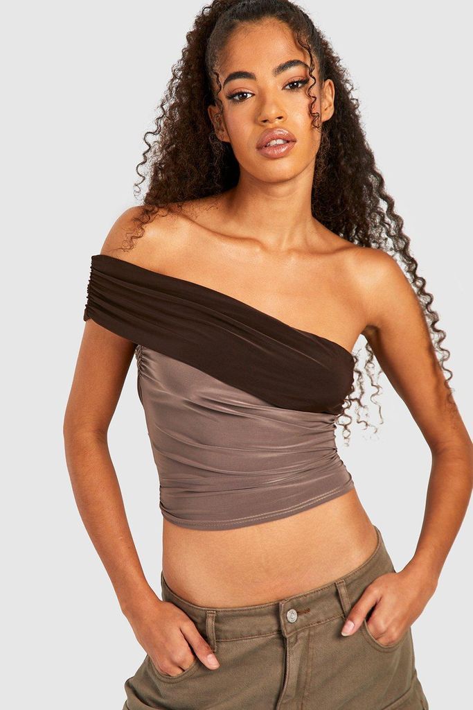 Womens Slinky One Shoulder Tonal Top - Brown - 6, Brown