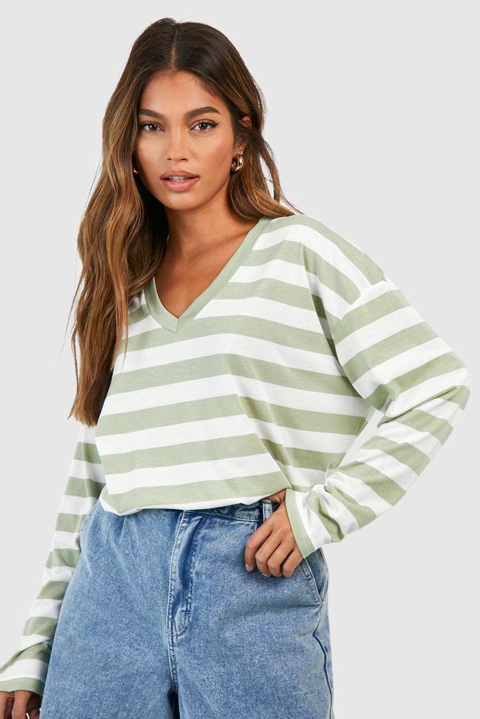 Womens Stripe V Neck Long Sleeve Tshirt - Green - 6, Green
