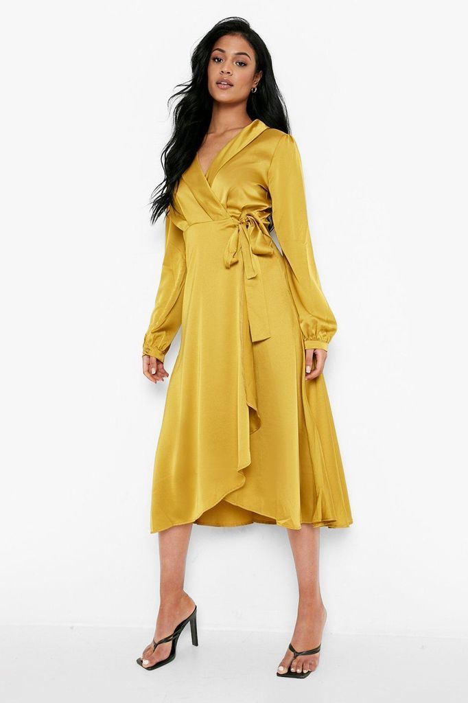 Womens Tall Satin Wrap Over Occasion Dress - Yellow - 6, Yellow
