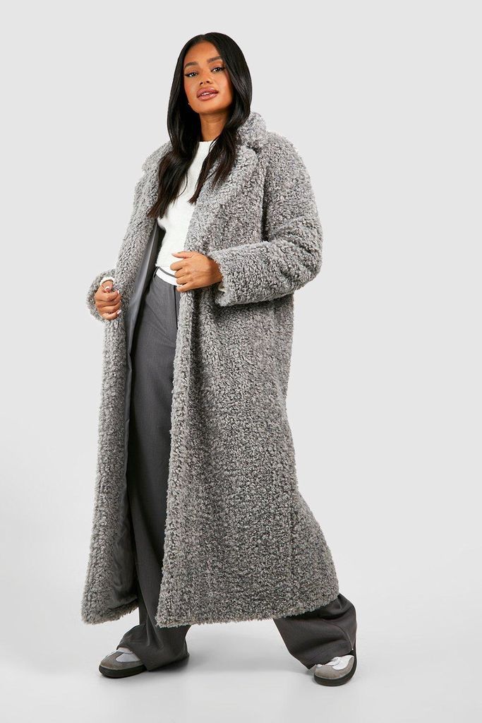 Womens Textured Maxi Fur Coat - Grey - 8, Grey