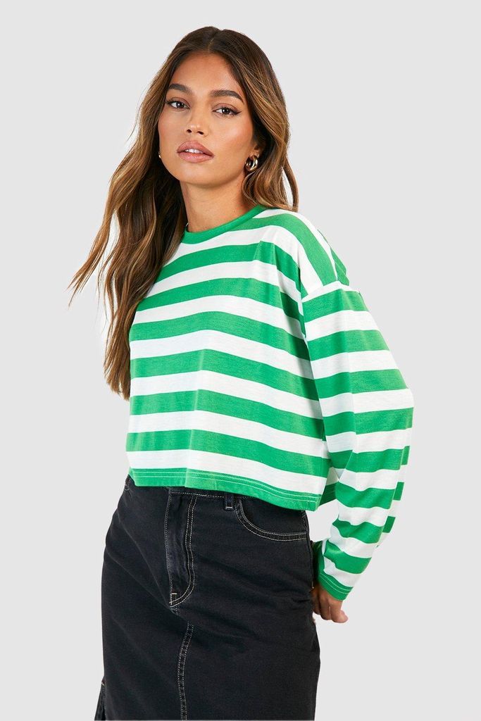 Womens Wide Stripe Boxy Crop Long Sleeve Tshirt - Green - 6, Green