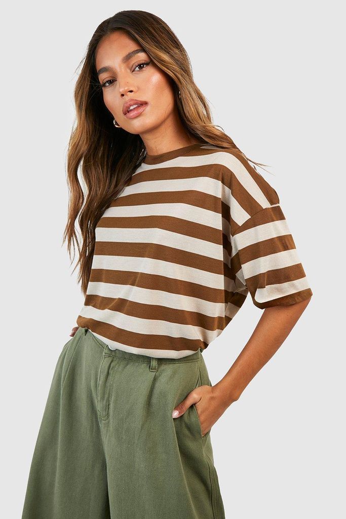 Womens Wide Stripe Oversized Tshirt - Brown - 6, Brown