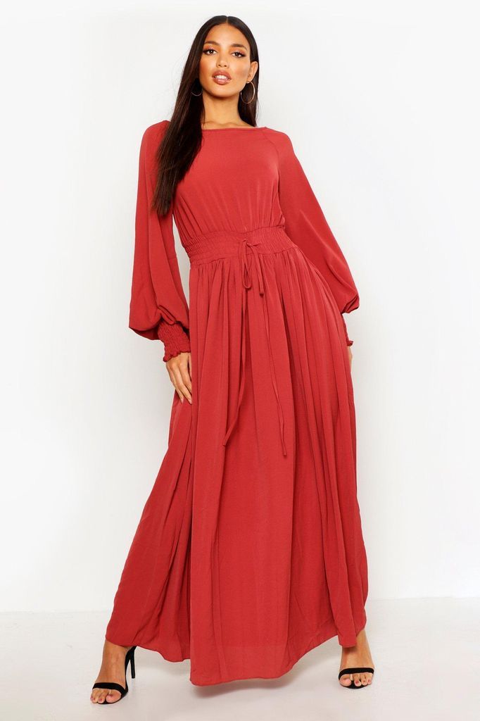 Womens Shirred Waist & Cuff Woven Maxi Dress - 14, Red