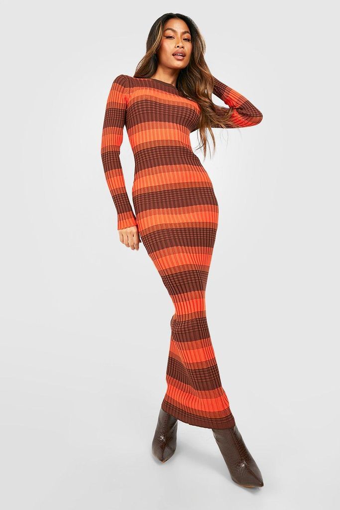 Womens Ombre Stripe Knitted Maxi Dress - Orange - 8, Orange