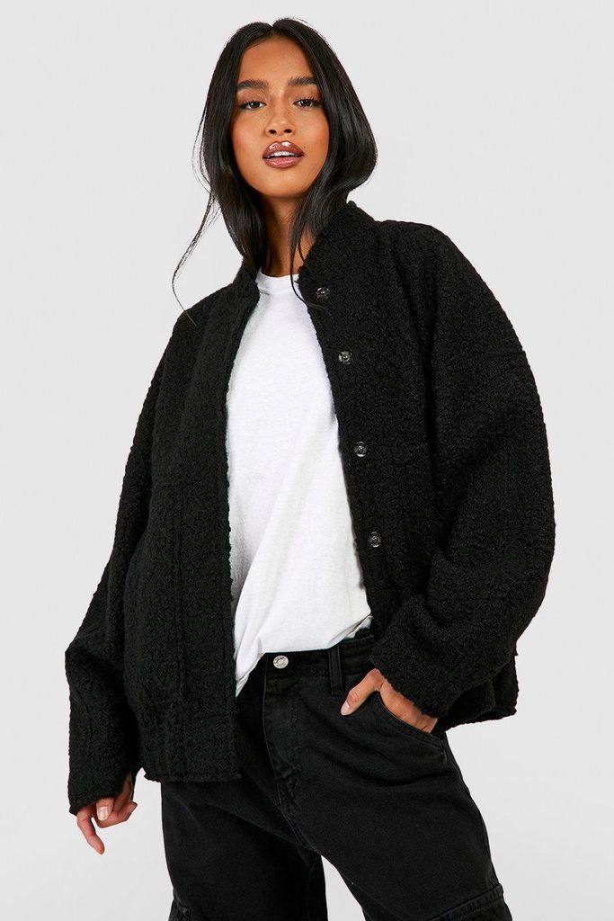 Womens Petite Oversized Wool Bomber Jacket - Black - 16, Black
