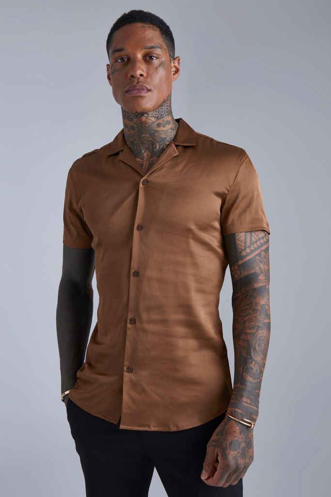 Men's Short Sleeve Muscle Satin Shirt - Brown - Xs, Brown