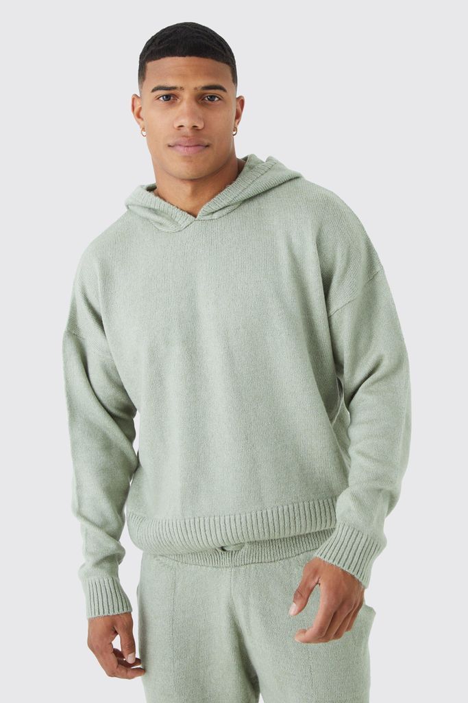 Men's Boxy Brushed Knitted Hoodie - Green - S, Green