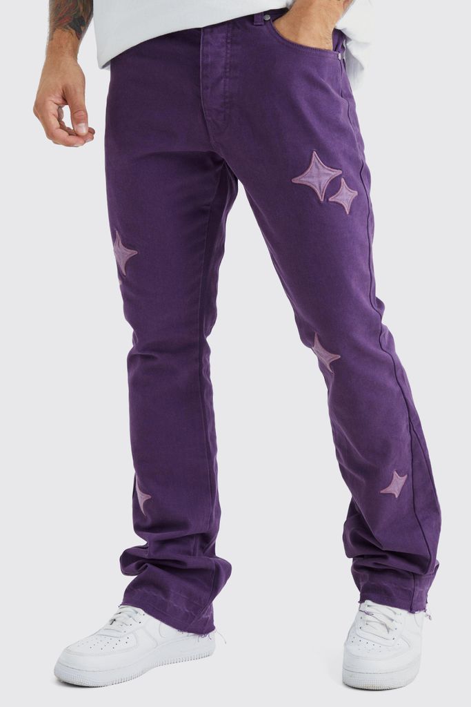 Men's Fixed Waist Slim Flare Gusset Applique Trouser - Purple - 28, Purple