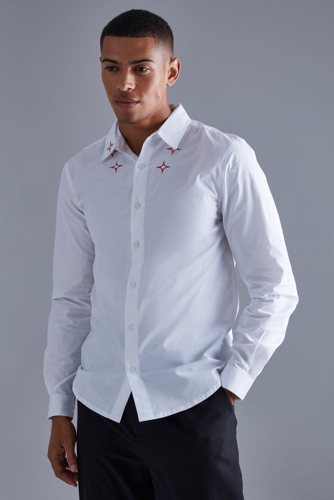 Men's Long Sleeve Poplin Multi Embroidered Collar Shirt - White - S, White