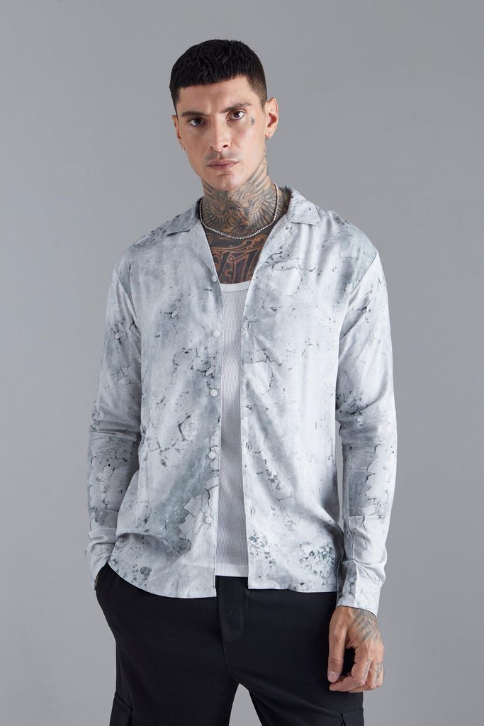Men's Long Sleeve Viscose Abstract Print Shirt - Grey - S, Grey
