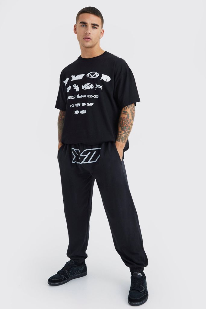 Men's Oversized Bm Crotch Print T-Shirt & Jogger Set - Black - S, Black