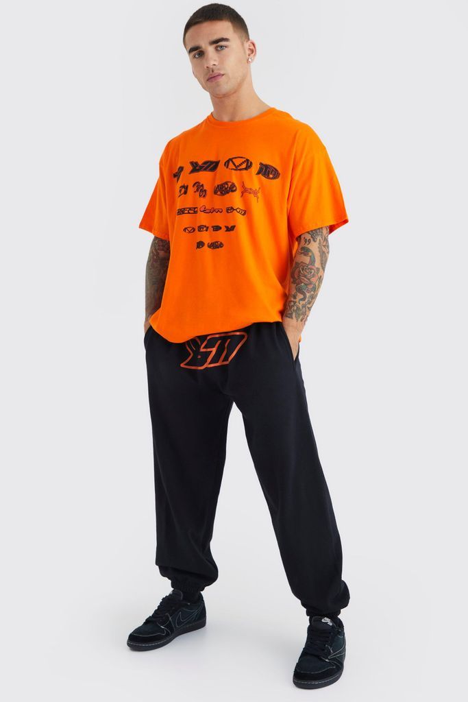 Men's Oversized Bm Crotch Print T-Shirt & Jogger Set - Orange - S, Orange