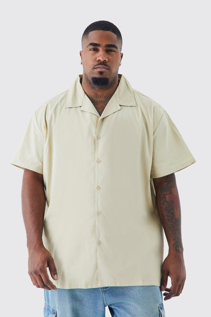 Men's Plus Short Sleeve Peached Poplin Oversized Revere Shirt - Beige - Xxxl, Beige