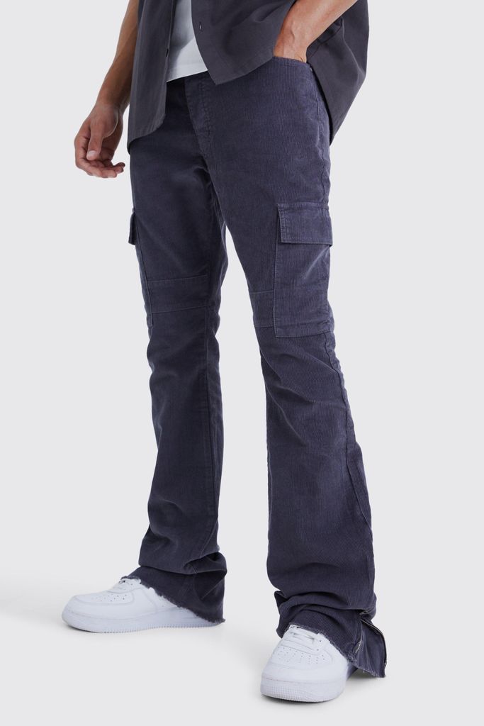 Men's Tall Fixed Waist Slim Flare Zip Gusset Cord Cargo Trouser - Grey - 30, Grey