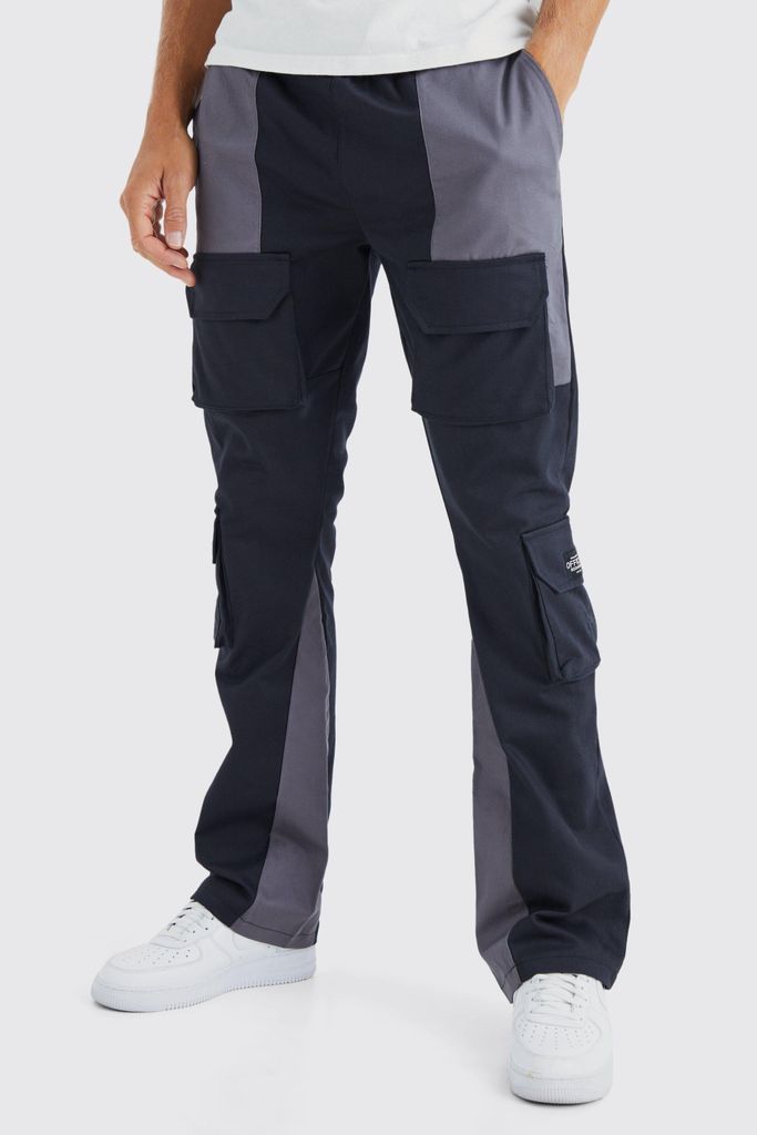 Men's Tall Slim Flare Multi Cargo Colour Block Trouser - Black - 30, Black