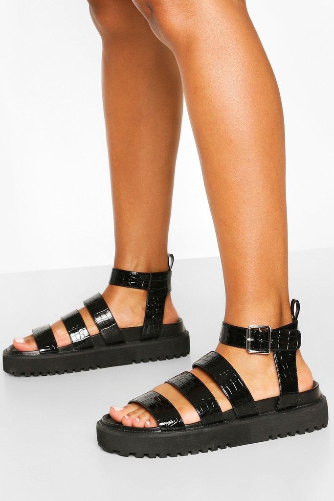 Womens Triple Strap Chunky Footbed Sandals - Black - 3, Black