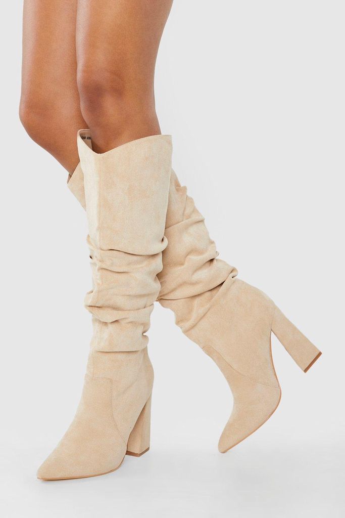 Womens Soft Ruched Knee High Pointed Boots - Beige - 4, Beige