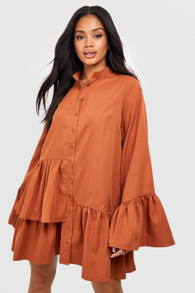 Womens Ruffle Detail Shirt Smock Dress - Brown - 8, Brown