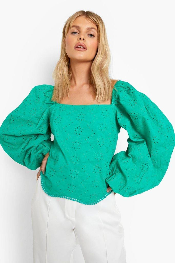 Womens Broderie Open Tie Back Blouse - Green - 6, Green