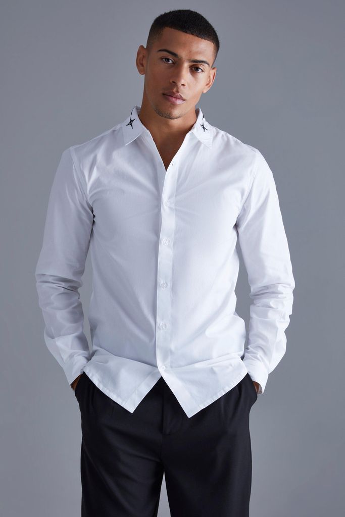 Men's Long Sleeve Poplin Emblem Embroidered Collar Shirt - White - S, White