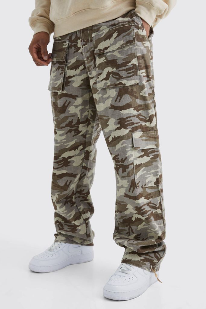 Men's Relaxed Multi Cargo Ripstop Camo Trousers - Brown - 28, Brown