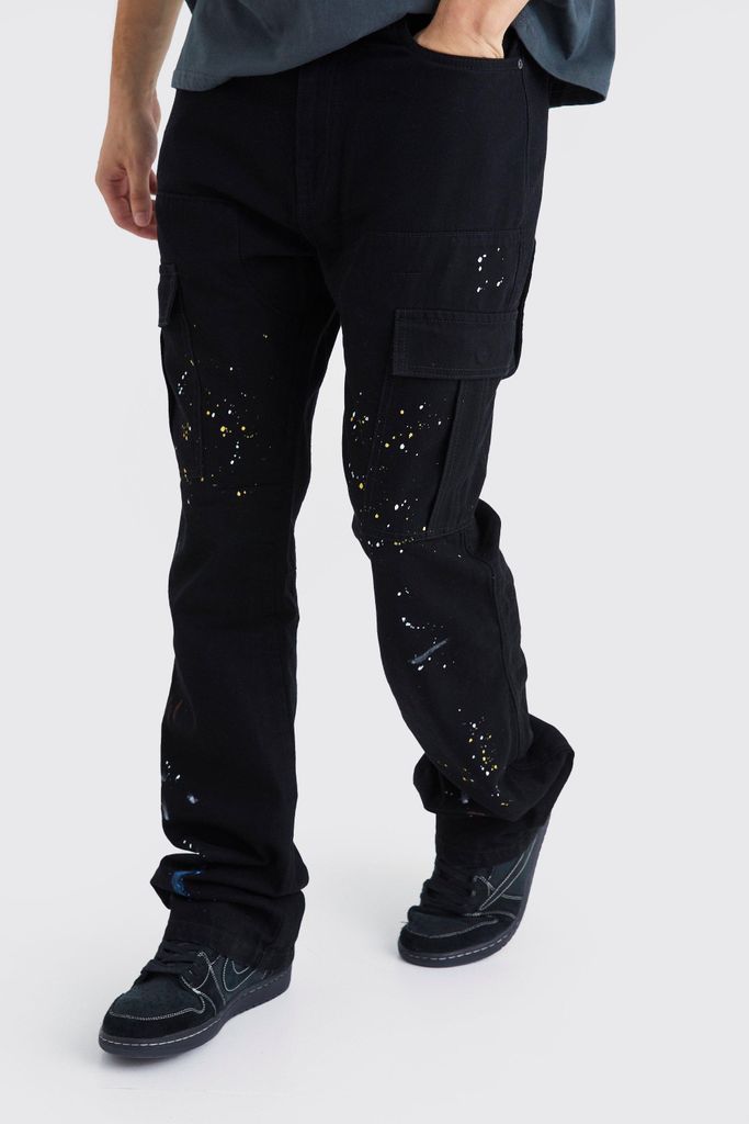 Men's Tall Slim Flare Gusset Paint Splatter Cargo Trouser - Black - 30, Black