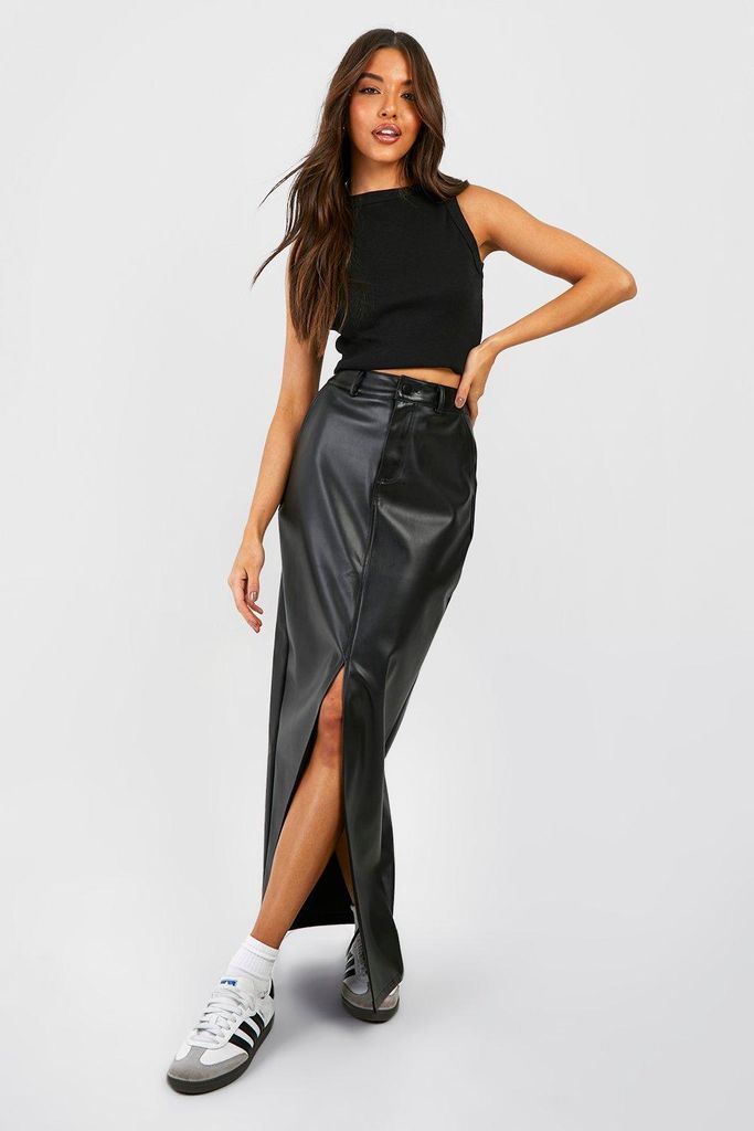 Womens Leather Look High Waisted Split Maxi Skirt - Black - 6, Black