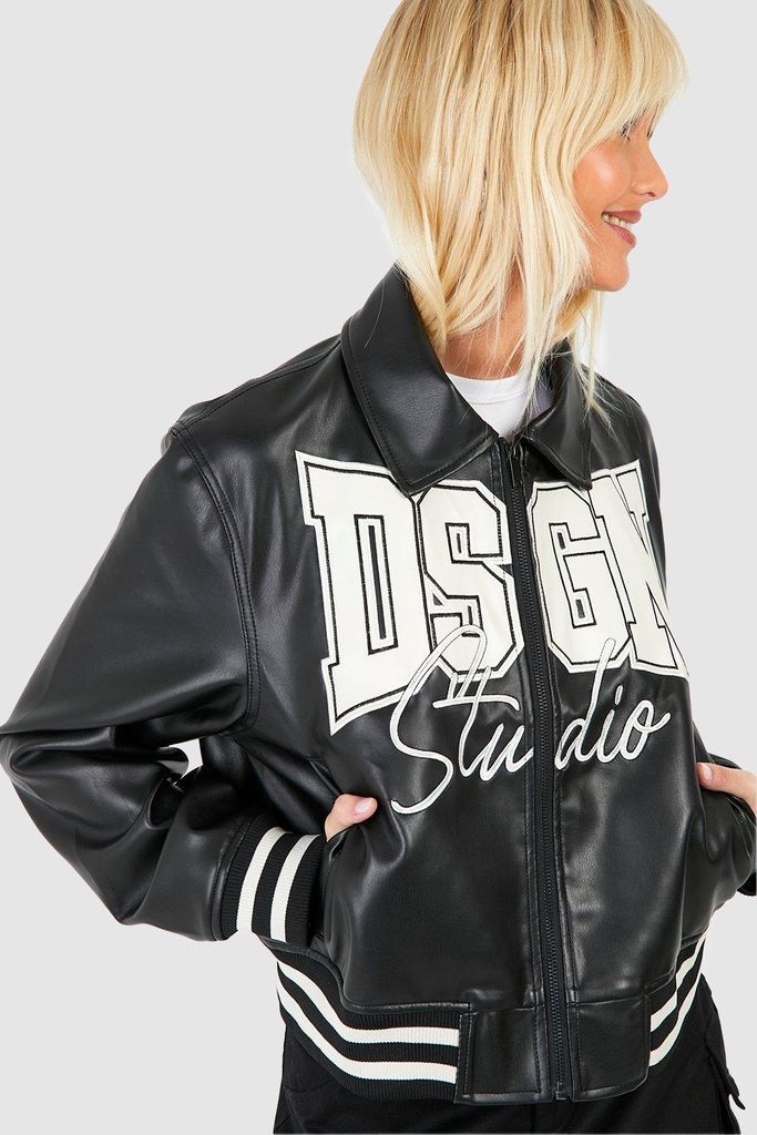 Womens Oversized Embroidered Dsgn Studio Faux Leather Bomber - Black - 8, Black