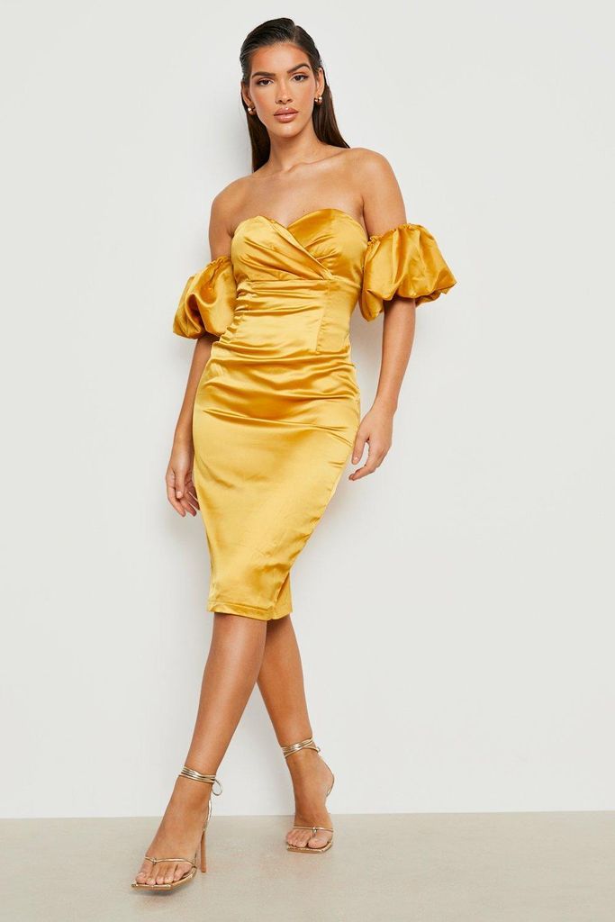 Womens Structured Satin Off The Shoulder Midi Dress - Yellow - 16, Yellow
