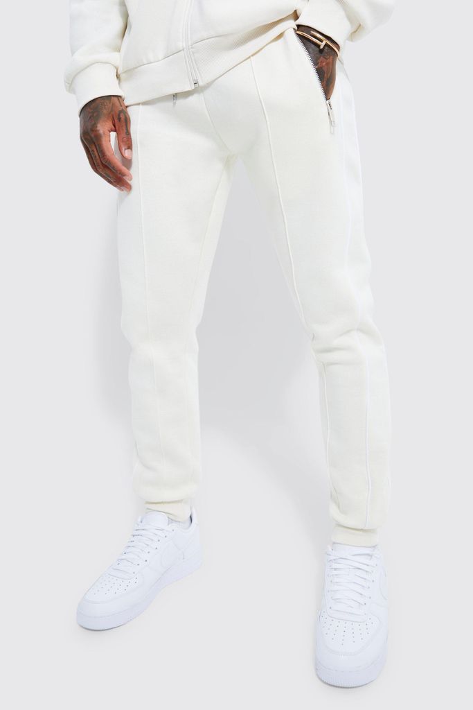 Men's Skinny Fit Joggers With Piping - Cream - S, Cream