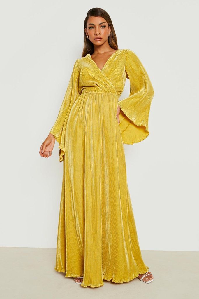 Womens Kimono Plisse Maxi Dress - Yellow - 8, Yellow