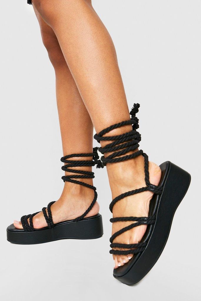 Womens Rope Detail Flatform Sandals - Black - 3, Black