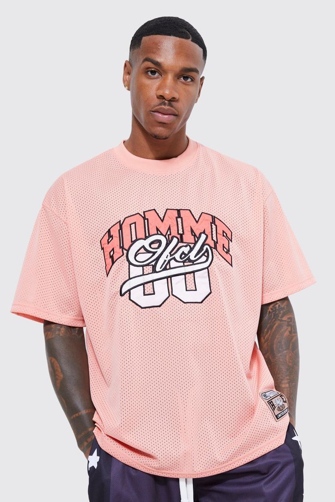 Men's Oversized Homme Applique Mesh T-Shirt - Pink - M, Pink