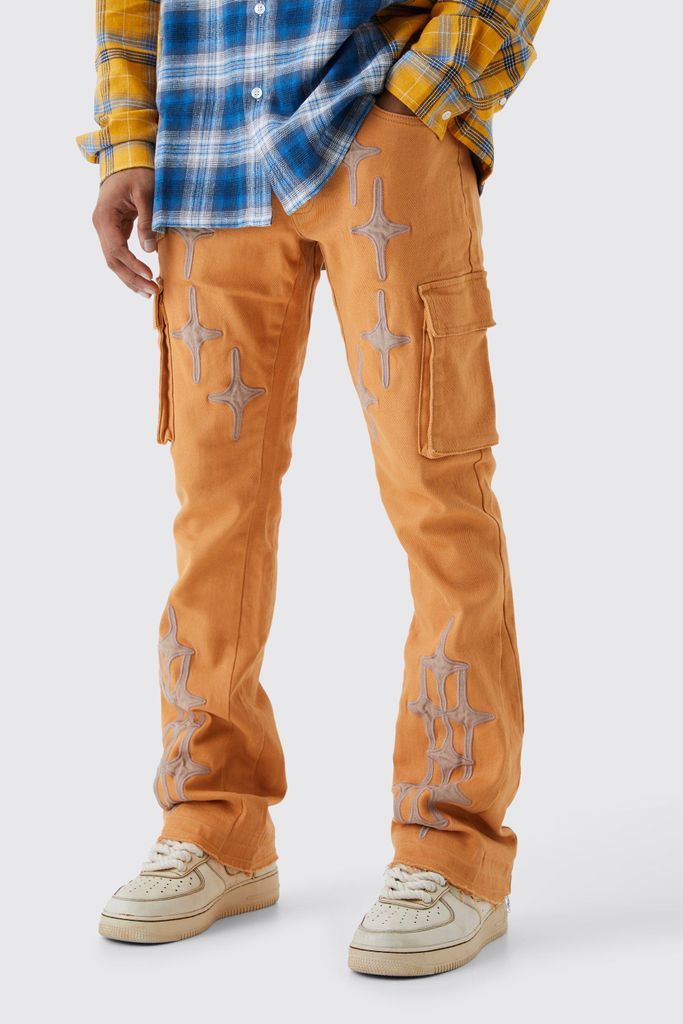 Men's Fixed Waist Skinny Flare Gusset Applique Cargo Trouser - Orange - 28, Orange
