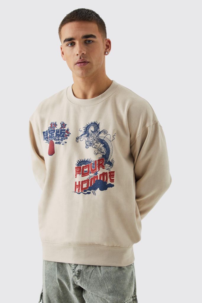 Men's Oversized Pour Homme Dragon Sweatshirt - Beige - S, Beige