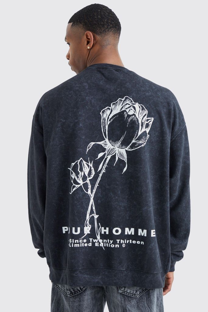 Men's Oversized Rose Wash Graphic Sweatshirt - Black - S, Black